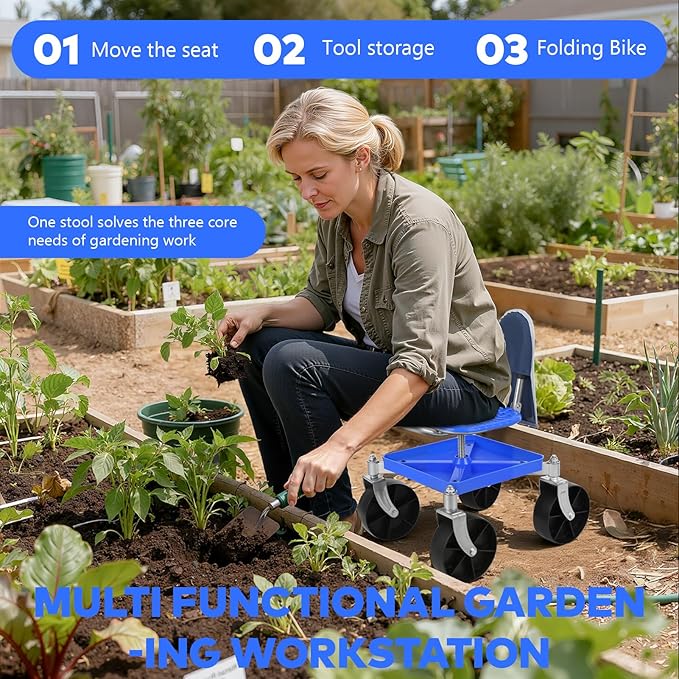 Cuteam Rolling Gardening Seat, Height Adjustable Garden Work Seat with Wheels, Heavy Duty Garden Tool Cart with Storage Tray for Seniors Yard Patio Work, 330 Lbs Capacity (Blue)