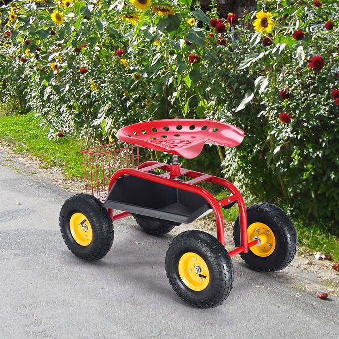 Giantex Rolling Garden Work Seat, 360 Swivel Gardening Workseat with Wheels, Tool Basket, Adjustable Height, Outdoor Scooter for Sitting, Gardening Stool Chair for Planting Trimming, Red