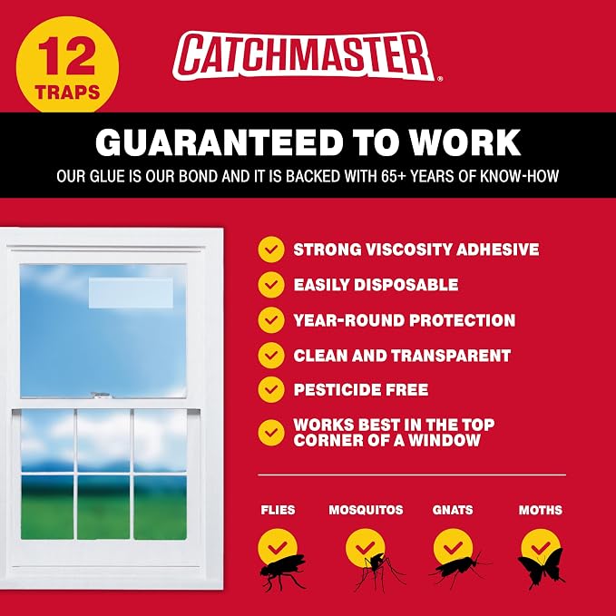 Catchmaster Window Fly Traps 12-Pack, Fruit Fly Traps for Indoors, Disposable Bulk Bug Catcher, Waterproof Insect Glue Trap, Adhesive Strips, Pest Control for Home, Kitchen, & Garage