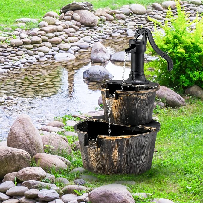 Tangkula 2-Tier Water Fountain Outdoor, Rustic Wood Cascading Waterfall Fountain with Electric Pump, Outside Water Feature with Decorative Hand for Garden Patio Backyard (Plastic)