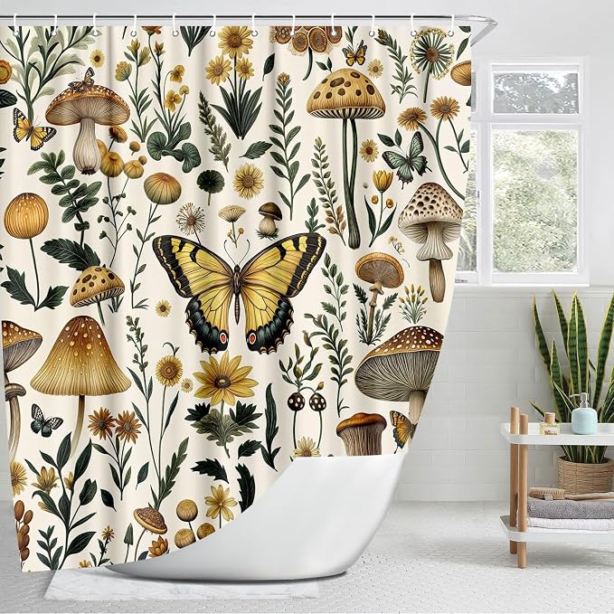 Rustic Boho Mushroom Shower Curtain, Vintage Chic Butterfly Botanical Floral Farmhouse Cottagecore Aesthetic Shower Curtain Set with Hook, Fairy Witchy Plant Shower Curtain for Bathroom 72X72 Beige