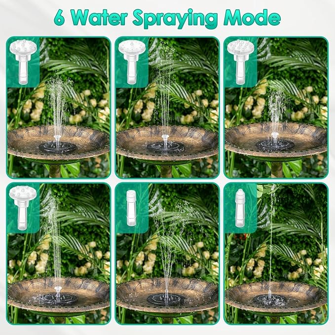 Saillong 3 Pack 5W Solar Bird Bath Fountain Pump with Colorful LED Lights, 6.3'' Battery and Solar Powered Water Fountains with 6 Nozzles, Floating Fountain Pump for Bird Bath Garden, Pond