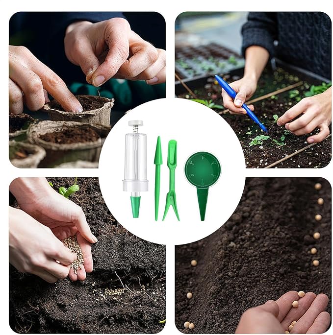 Seeding Tool, Gardening Sower Planter Set of 6, Precision Seed Dispenser, Adjustable Planter Tool for Garden Flowers and Vegetables, Spreader with Seedlings Dibber and Widger