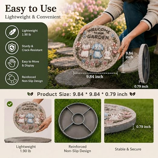 Garden Stepping Stones Outdoor, 9.8" Resin Pet Cat Dog Bunny Stepping Stone for Walkway Gardening Gifts, Spring Decorative Round Welcome to Our Garden Home Decor for Outside Yard Patio Lawn