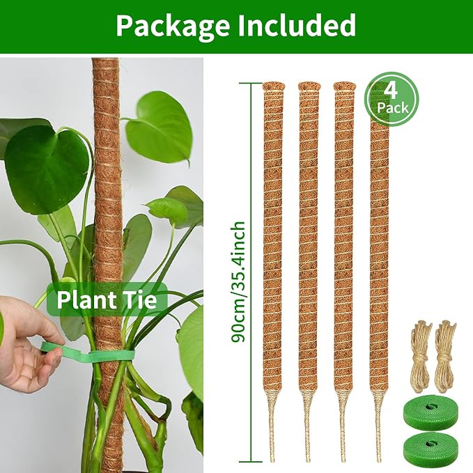 4 Pack Moss Pole, 35.4-Inch Moss Poles for Plants Monstera,Bendable Plant Support Stakes for Climbing Plants Indoor, Garden Trellis Plant Stick for Potted Plants, Pothos Philodendron