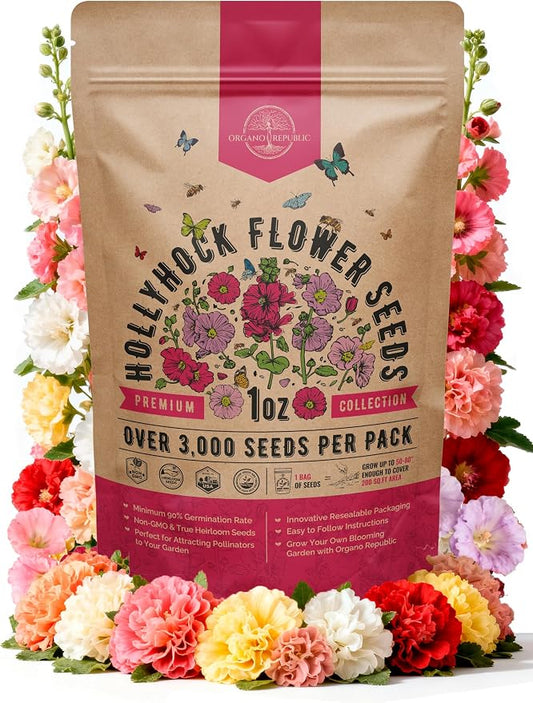 Hollyhock Flower Seeds Pack 1 oz - Over 3,000 Non-GMO Heirloom Hollyhock Seeds for Planting Indoor & Outdoor Gardening, Flower Seed for Home and Garden in Individual Packet, Floral Perennial Mix