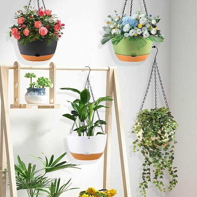 KPUVX 8/10/12 inch Plant Pot Hanging Planters Self Watering Pots for Indoor Plants, 3 Pack Plastic Hanging Basket with Removable Tray for Home Garden Porch Balcony Patio Decor(Black)