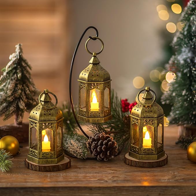 Mini Lantern with Flickering LED Candles Set of 20, Hewory Gold Vintage Decorative Hanging Candle Lanterns for Halloween, Christmas, Wedding Decorations, Party, Table Centerpiece, Battery Included