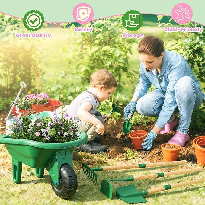 Kids Gardening Tools Set with Wheelbarrow, Wooden & Metal Outdoor Gardening Toys for Summer Outdoor Yard Digging & Weeding, Easter Birthday Gifts for Boys Girls Age 3+ Years (Green)