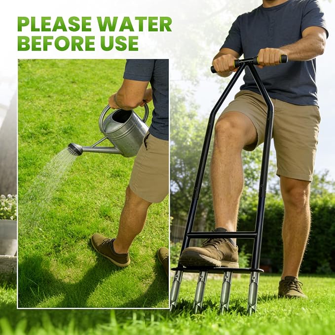 Aerator Lawn Tool,Core Aerator Lawn Tool with 4 Tines for Gardening,Easy Assembled Manual Grass Aerator with Steel Material for Yard Care Health Soil,Suitable for Soft Soil（Water Before Use）