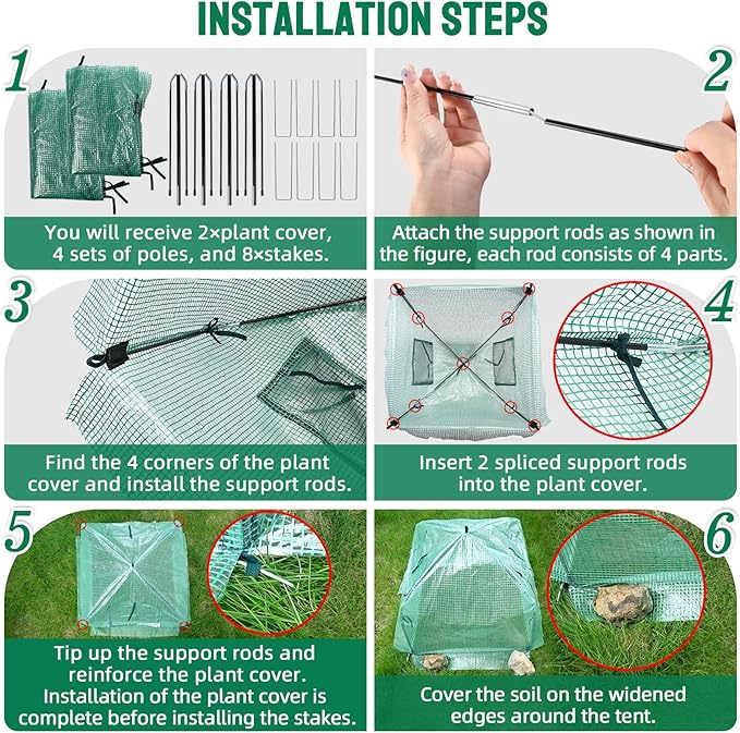 2 Packs Plant Cover Freeze Protection Blanket, 24''x24''x21'' Outdoor Garden Fabric Cover with Poles and Stakes for Winter Frost, Frost Covers for Small Trees, Shrubs, Green