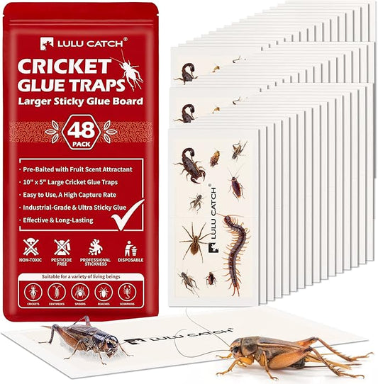 LULUCATCH Cricket Insect Glue Traps - 48 Pack Bug Cockroach Sticky Traps, Large Spider Trap with Pre-Baited Attractant, Highly Effective Glue Boards Indoor, Non-Toxic Pet Safe, Easy to Use