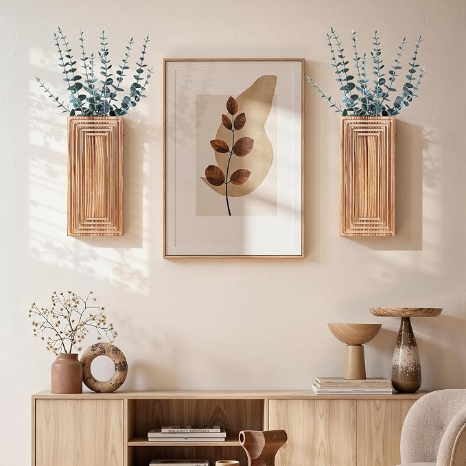 Wooden Wall Planter Vase, 2 Pack Brown Wood Hanging Vases with Fake Eucalyptus for Indoor Modern Boho Farmhouse Wall Art Decor for Home Indoor Kitchen Modern Farmhouse Bathroom