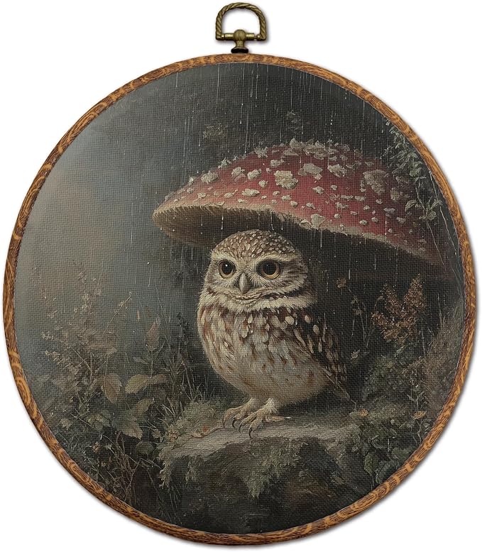 DOFQZ Cottagecore Mushroom Owl Round Wall Art Decor, Dark Academia Nature Owl Framed Wall Art, Whimsical Moody Bird Canvas Wall Hanging Decor for Home Bedroom Living Room, 10x10