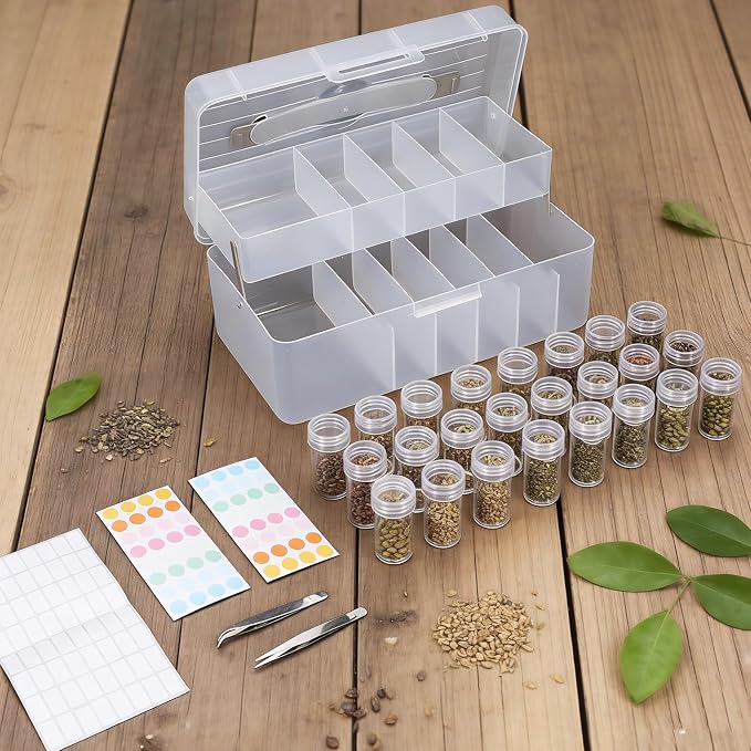 32 Slots Seed Storage Box Organizer with Label Sticker and 2 Tweezers,Portable Garden Seed Saving kit, Packet Organizer for Plant, Flower,Vegetable Seeds
