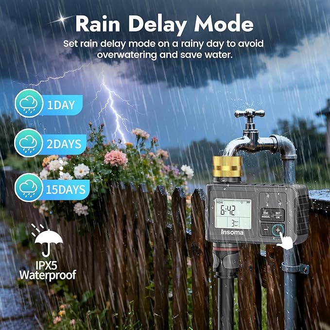 Insoma Water Timer, 1 Zone Outdoor Hose Timer for Garden Faucet with Auto/Manual/Rain Delay Mode, Sprinkler Irrigation Timers for Yard Lawn