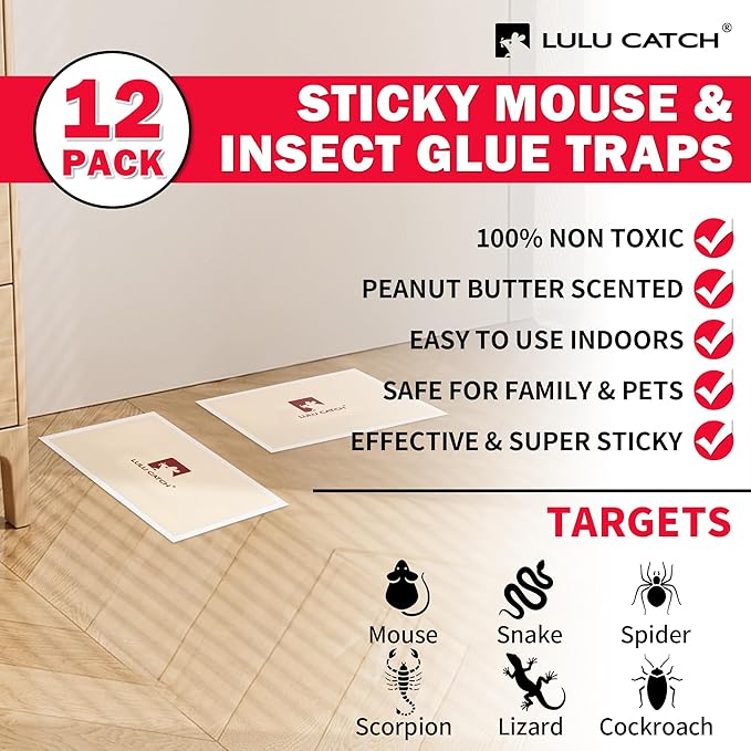 LULUCATCH Mouse Traps, 12 Pack Pre-Baited Sticky Mouse Traps Indoor for Home, Non-Toxic Bulk Sticky Pads, Glue Traps for Rats, Bugs, Spider, Mice, Cockroach, Pet Safe, Easy to Use