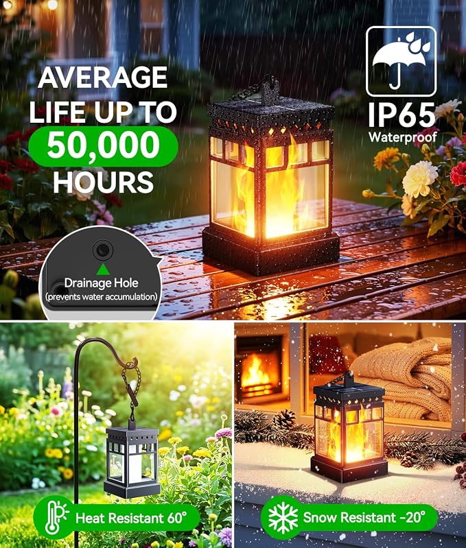 KOOPER Hanging Solar Lanterns Outdoor Waterproof, 2PCS Flickering Flame Hanging Solar Lights for Outside, Outdoor Solar Lanterns up to 12 Hours, Lanterns Decorative for Patio Porch Yard Garden Decor