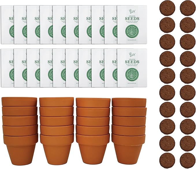 BUZZY Seeds Mini Terracotta Grow Kit, Assorted 20-Pack - Mini Terracotta Pot Grow Set - 100% Grow Guarantee