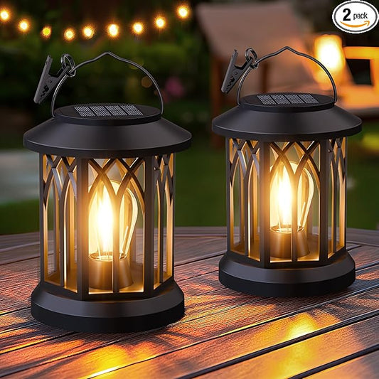Hanging Solar Lanterns Outdoor Waterproof - 2 Pack Lanterns Decorative Outdoor Patio Decor with Clip Solar Lantern for Outside - Outdoor Lanterns for Patio Garden Waterproof Gifts for Women Mom Family