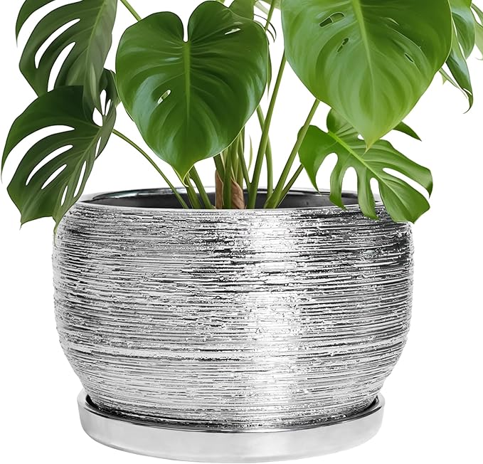 SQOWL Ceramic Pot for Plants - 10 Inch Planter Indoor, Round Large Planter Outdoor with Drainage Hole and Plant Saucer, Decorative Ceramic Flower Pot, Kitchen Decor, Housewarming Gifts, Silver