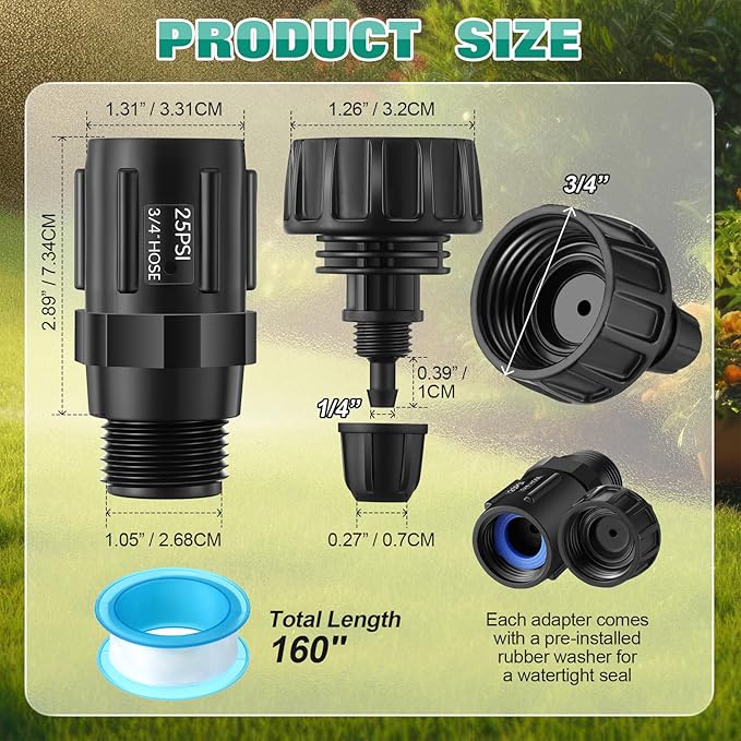 2 Set Drip Irrigation Faucet Adapter Kit, 2 Pcs 25 PSI Garden Hose Pressure Regulator, 2 Pcs 1/4'' Drip Irrigation Tubing to 3/4'' Faucet, 1 Roll Plumbing Tape
