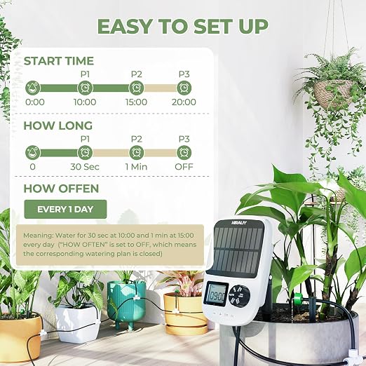 HIRALIY Solar Drip Irrigation System with Timer, Automatic Plant Watering Kit with USB Backup, 12 Pressure-Balanced Drippers, 40FT Tubing for Potted Plants, Indoor Pots & Even Watering