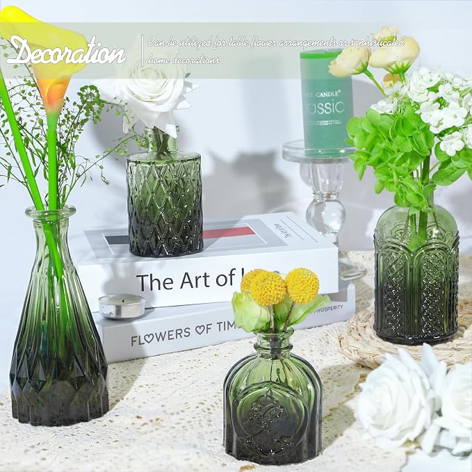 TBWIND Glass Bud Vase Set of 24, Small Green Flower Vases for Centerpieces in Bulk, Mini Vintage Vase for Wedding Decor, and Home Table Décor