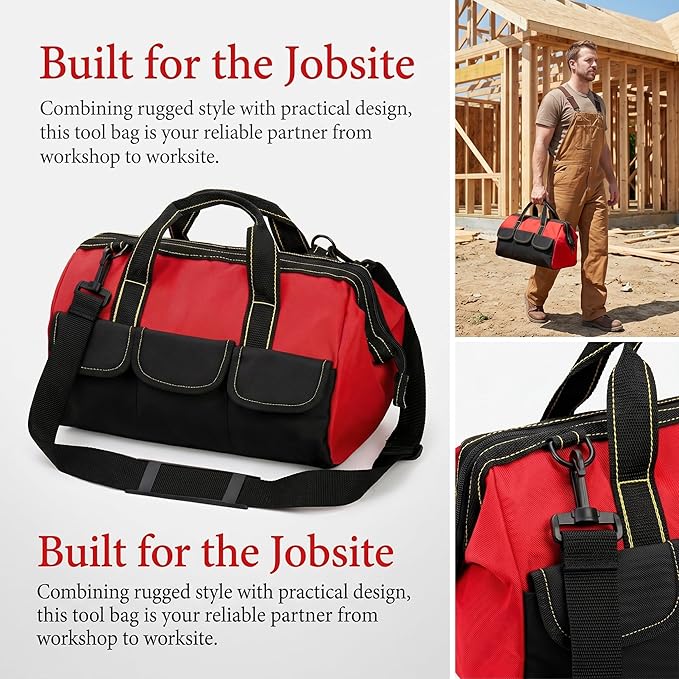 Hiceeden 16 Inch Wide Mouth Tool Bag, Collapsible Tool Tote with Waterproof Coating and Adjustable Strap, Portable Electrician Tool Organizer Handbag with 5 Outside Pockets, Red