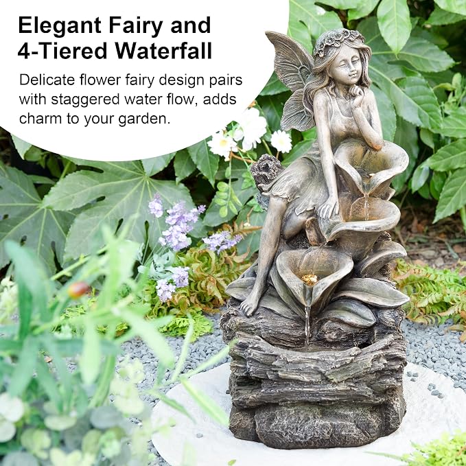 Glitzhome Water Fountain Outdoor, Outdoor Fountain with Lights & Pump, 22.75" H 4-Tiered Concrete Fairy Polyresin Cascading Waterfall Floor Standing Water Feature for Garden, Patio, Yard, Deck