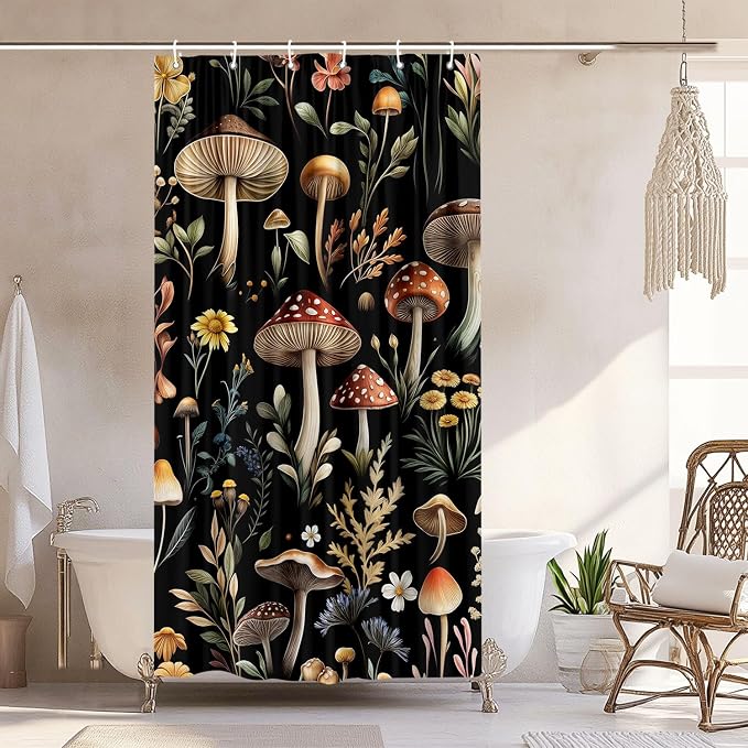 Vintage Mushroom Shower Curtain, Witchy Aesthetic Black Boho Floral Retro Botanical Shower Curtain Set, Fairy Dark Wildflower Plant Decorative Farmhouse Bathroom Accessories Curtain with Hook 36X72IN