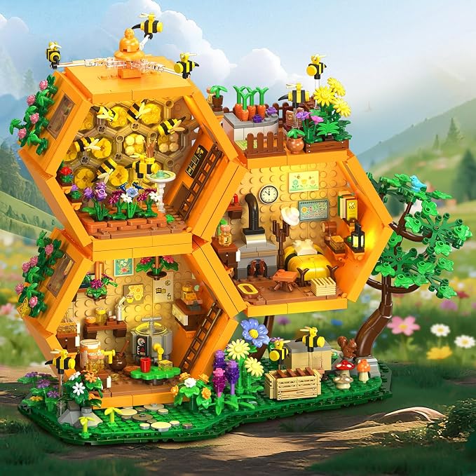 INSOON Bee Farm House Building Set with Light, 1773PCS Honey Cabin Building Block Toy with Flower Botanical Animals, Home Decor Treehouse Construction Model Kit, Gift for for Adults Boys Girls 12+