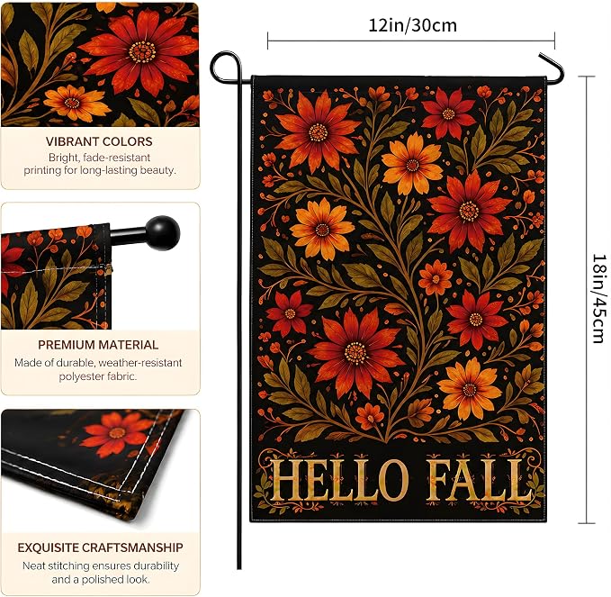 Fall Decor - Hello Fall Floral Garden Flag | Thanksgiving Party Favors Supplies Decorations - Double-Side Autumn Decor for Outdoor Indoor Outside - Friendsgiving Banner for Garden Porch Patio Lawn Yard