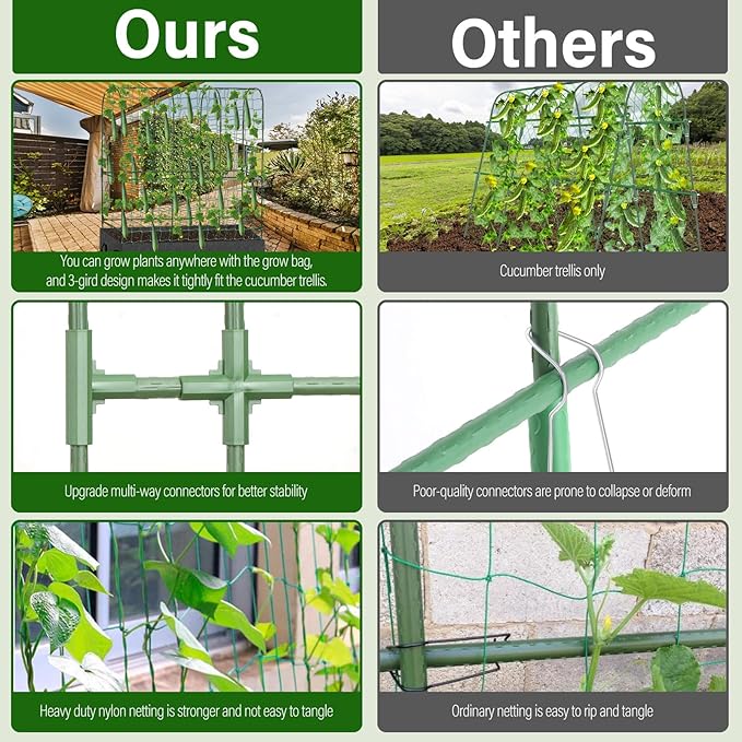 Garden Cucumber Trellis for Climbing Plants Outdoors, 65 x 50 Inch Large Metal Garden Trellis with Gardening Tools Nylon Garden Netting for Raised Bed Vegetable Fruit Flower Grow Support(U-Shape)