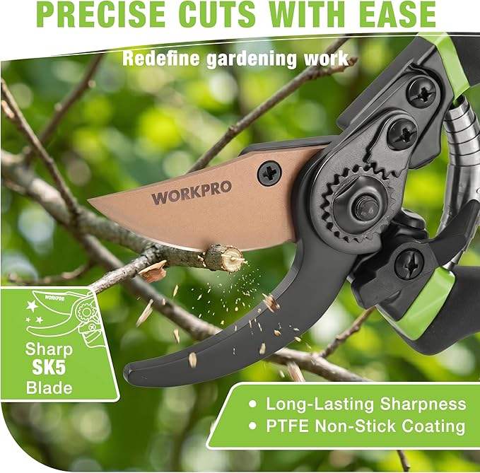 WORKPRO 8.5" Bypass Pruning Shears, Die-cast Aluminum Handle, Garden Shears with Sharp SK5 Blade, Garden Clippers, Hand Pruner for Branches, Flowers, Fruits, Plants, Effortlessly Prunes 3/4" Branches