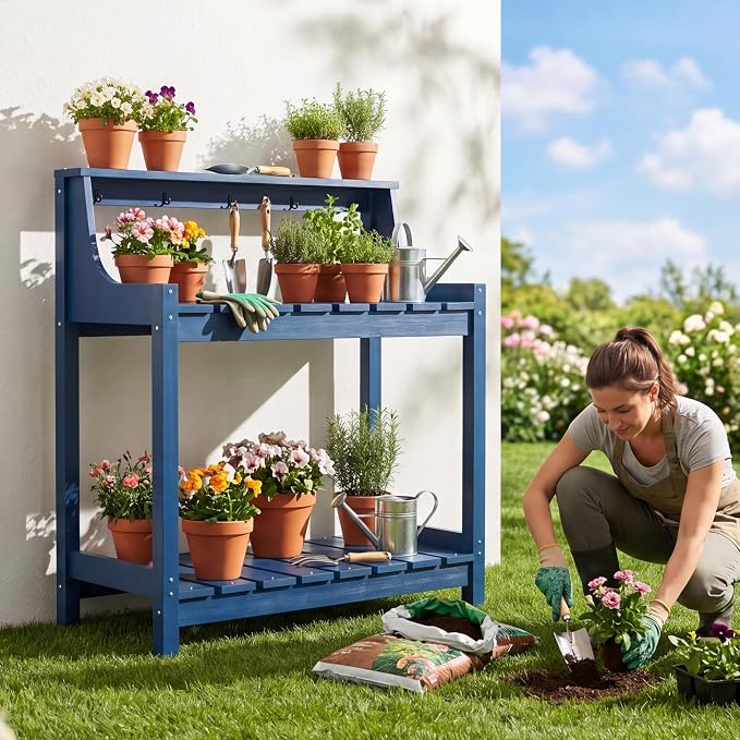 Garden Potting Bench for Outside, HDPE Outdoor Potting Table with Storage Shelves & Tool Hooks, All Weather Planting Workstation for Patio Backyard Garden (Dark Blue)
