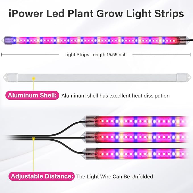 iPower 40W LED Plant Grow Light Strips Full Spectrum for Indoor Plants with Auto ON/Off 3/9/12H Timer, 10 Dimmable Levels 48 LEDs Per Tude, for Hydroponics Succulent
