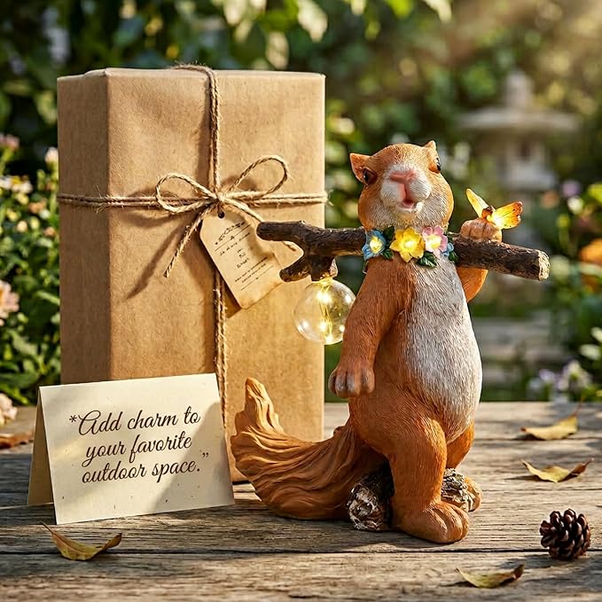 Solar Garden Statue Squirrel with Hanging Globe Light, Garden Decor for Outside, Yard Decorations Outdoor for Patio Porch, Housewarming Gifts for Women & Grandma