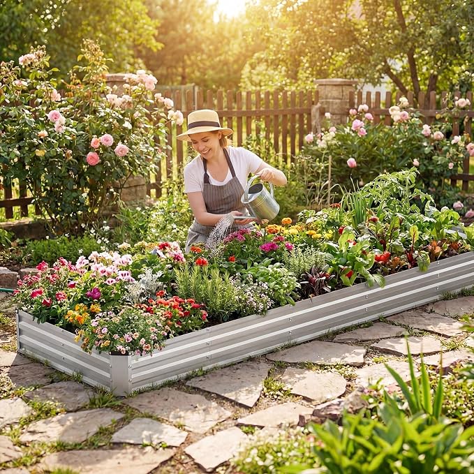 DUMOS Galvanized Raised Garden Bed Outdoor, 12x4x1ft Raised Metal Planter Box, Rust-Resistant Steel Garden Planter, Rectangular Gardening Flower Bed for Vegetables Flowers Herbs, Open Bottom