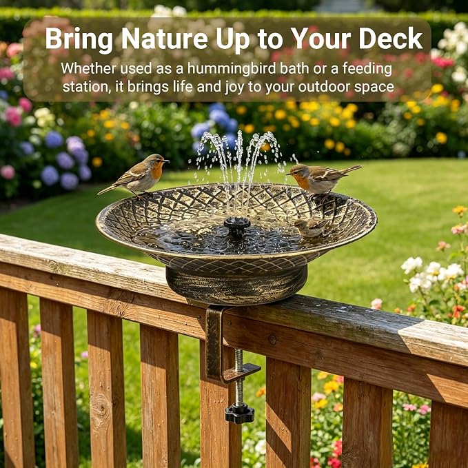 Solar Bird Bath for Deck Railing, 12.6“ Metal Solar Powered Bird Bath Fountain with Bubbler, 3.5” Adjustable Clamp for Balcony & Patio, 2-in-1 Deck Bird Feeder for Garden Yard Decor, Gold