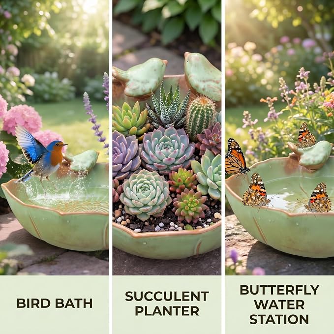 Large Ceramic Bird Bath for Outdoors, 10.1" Garden Bird Bath Bowl Only, Handmade Tabletop Ground Birdbath Bowl, Weather Resistant Wildlife Water Bowl for Outside, Garden, Balcony and Lawn