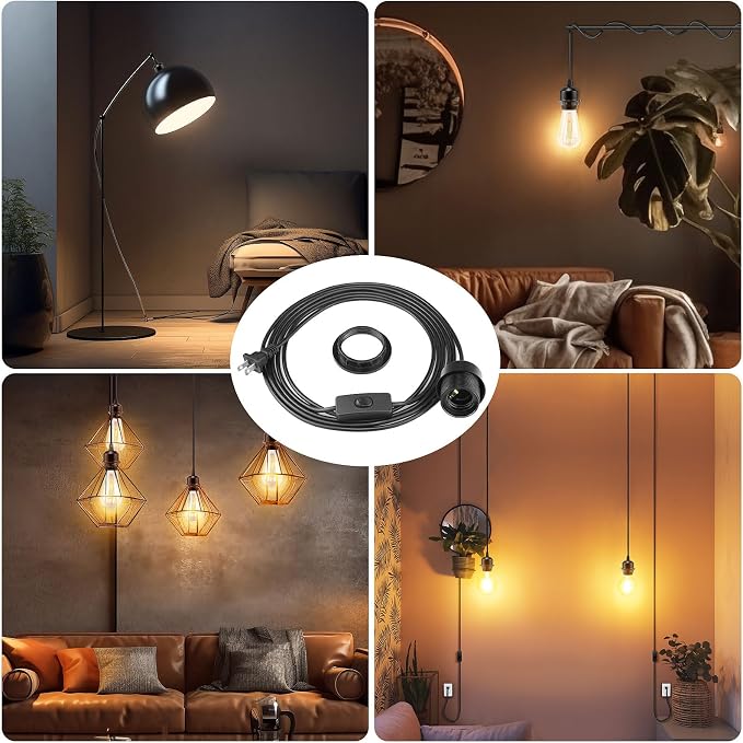 3Pack Plug in Hanging Light Kit, E26/E27 Vintage Hanging Lights with Plug in Cord, Retro Pendant Light Kit, 12FT Cord with On/Off Switch, Pendant Light Cord for Hanging Light(Black)
