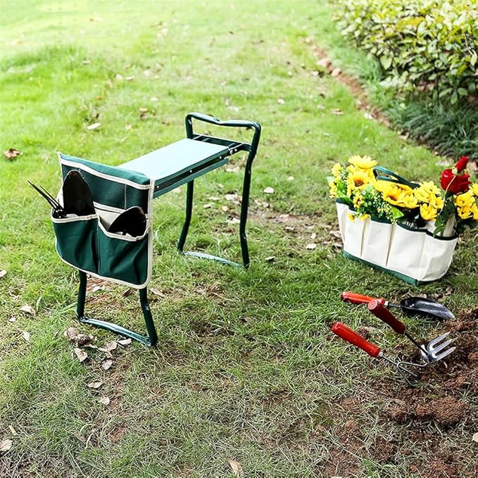 Garden Kneeler Seat Garden Stools Foldable Stool with Tool Bag Pouch EVA Foam Pad Capacity-Protects Your Knees for Gardening Tool kit