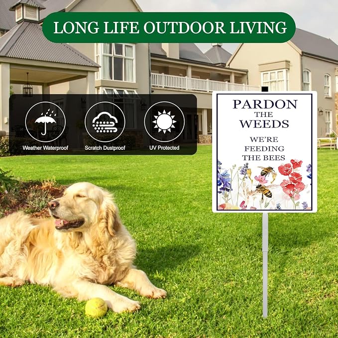 Pardon The Weeds We're Feeding The Bees Yard Sign With Stakes 8x12 inches Rustproof Reflective Aluminum Save Bees Pollinator Garden Sign Stand No Mow Sign Outdoor