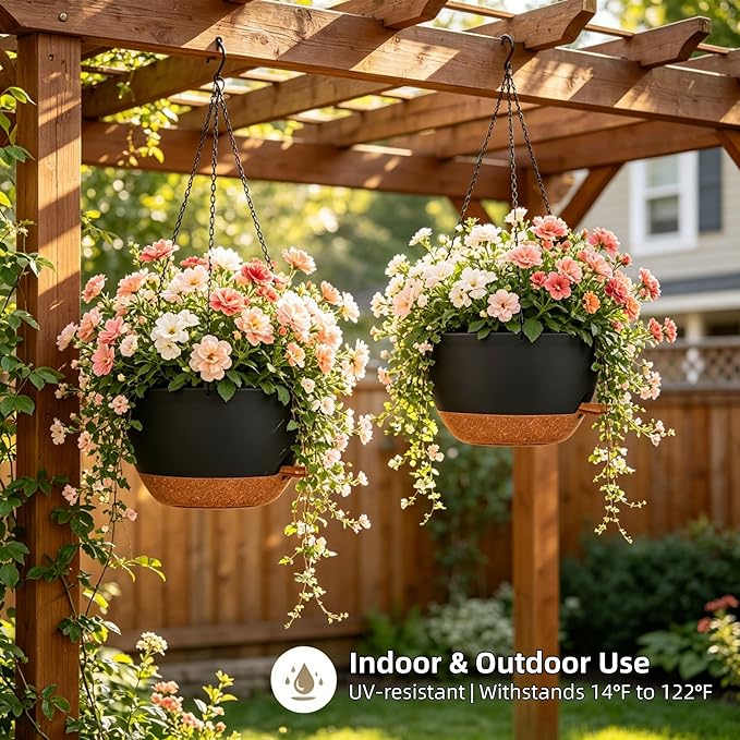 2 Pack 12" Self Watering Hanging Planters, Black Brown with Chains | Plastic hanging baskets with 43 Oz removable reservoir, for indoor outdoor plants, patio porch garden balcony decor