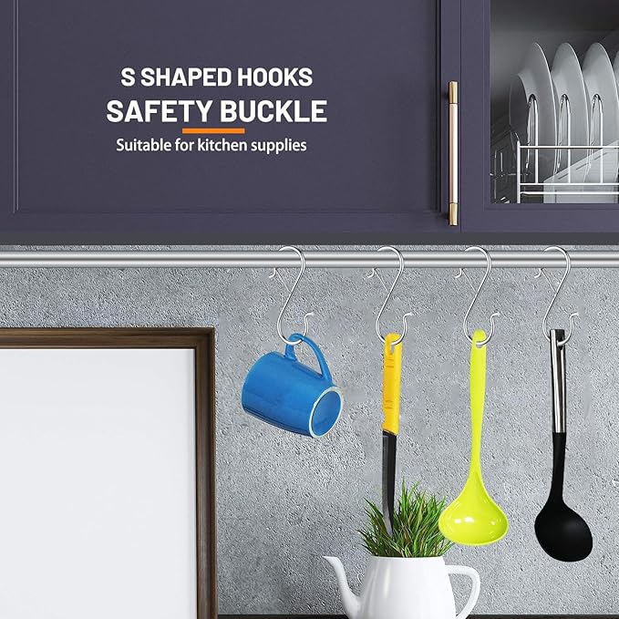 48 Pcs S Hooks for Hanging with Safety Buckle, 3.5 inch Heavy Duty Metal S Shaped Hooks Stainless Steel for Hanging Kitchen Utensil, Cups, Pots, Plants, Bags, Hats (Silver)