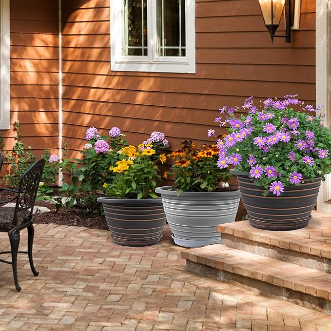 KPUVX 12 Inch Plastic Flower Pot for Indoor and Outdoor Plants, 3 Pack Large Planters with Drainage Holes & Saucers, Retro Antique Imitation Decorative Garden Pots