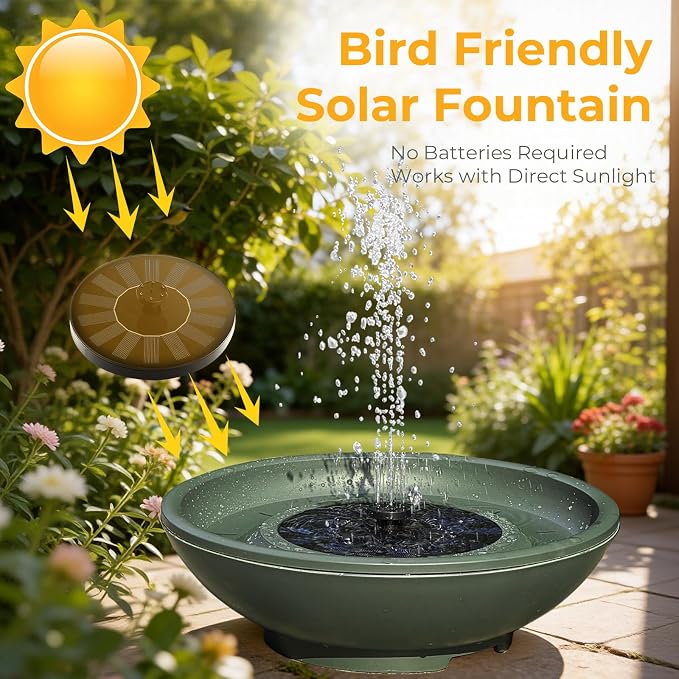 Solar-Powered Birdbath Water Fountain with 6 Bubbler Spray in 4" Height Freestanding Bird Playing Bowl for Garden, Patio, Yard, Balconies and Lawns