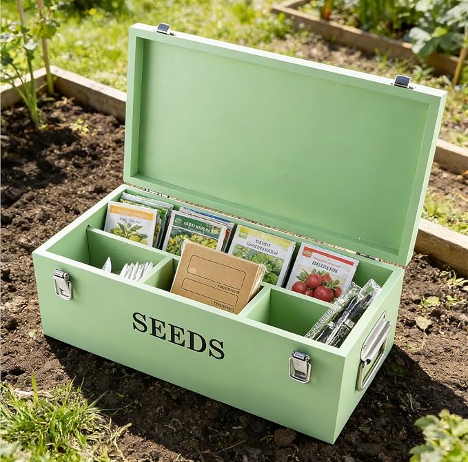 Seed Storage Organizer with 2 Dividers,Wooden Seed Saving Box with Lid, Seeds Bin Storage Container Kit with 2 Pens,12 Slots and 50 Seeds Envelopes, Perfect for Flower Plants Garden