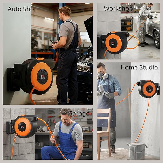 HOMCOM Retractable Air Hose Reel, Wall Mounted Air Compressor Hose Reel with Swivel Bracket, Auto Rewind, 3/8 in x 98 ft, 6.6 ft Lead in, 300 PSI, Air Coupler, Black and Orange